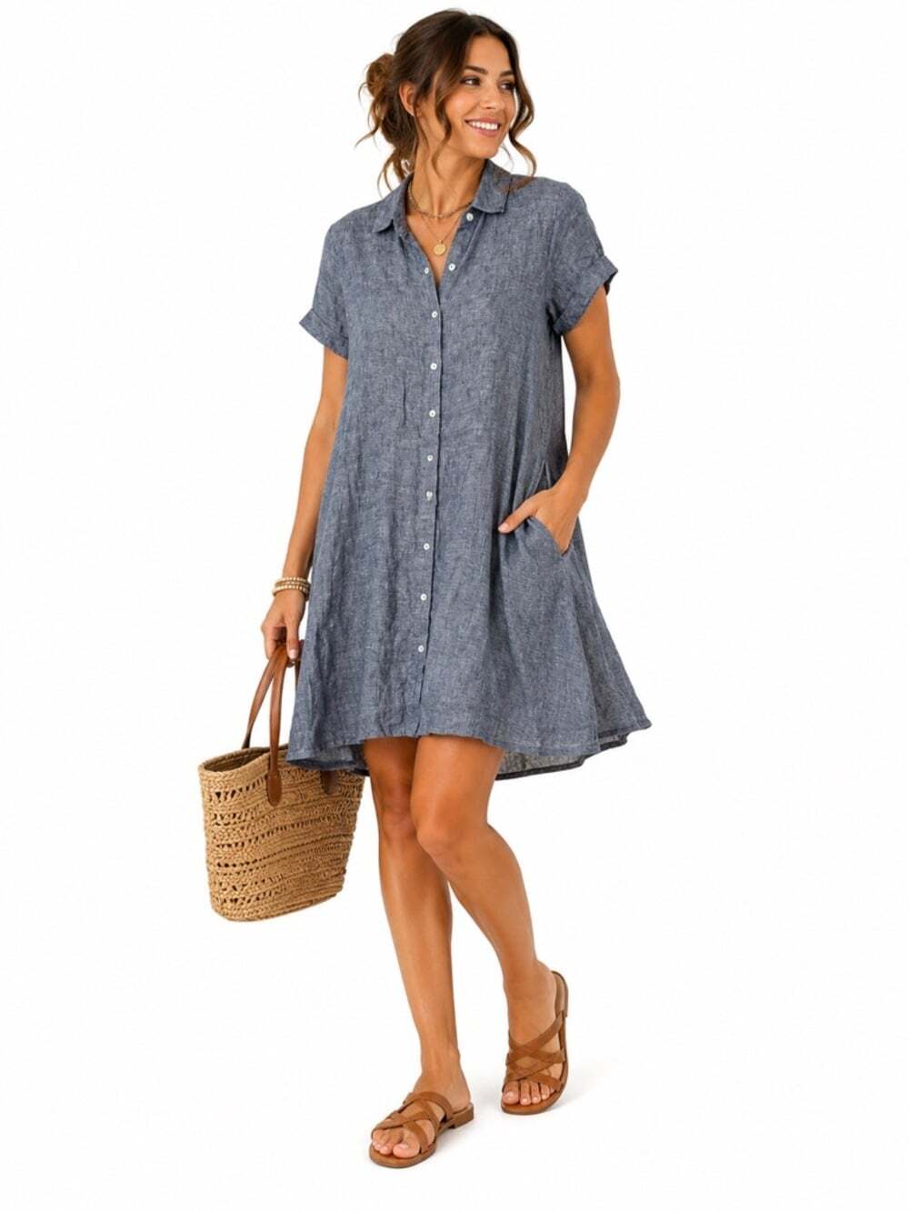 Artisan NY 100% Linen Coastal Resort Shirt Dress Blue Button Front Midi Medium